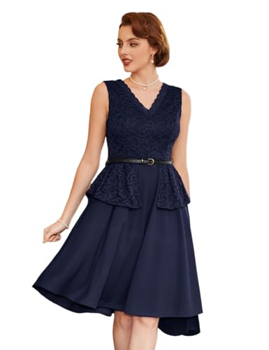 Damen Elegante Brautjunferkleider Valentinstag Kleider Partykleid Spitze Patchwork Kleider mit Gürtel Ärmellos V-Ausschnitt A-Linie Kleider Dunkelblau XXL BP0875S24-02 von Belle Poque