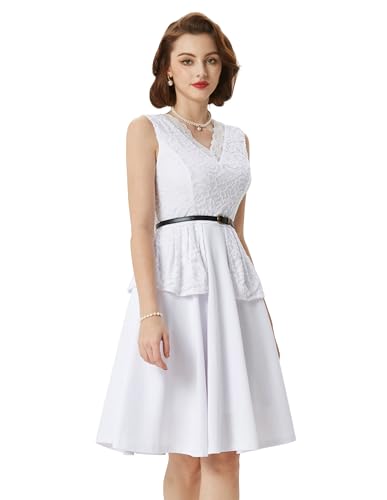 Damen Elegante Brautjungfernkleider Retro Cocktailkleid Valentinstag Kleider Spitze Patchwork Kleider mit Gürtel Ärmellos V-Ausschnitt A-Linie Kleider Weiß M BP0875S24-03 von Belle Poque