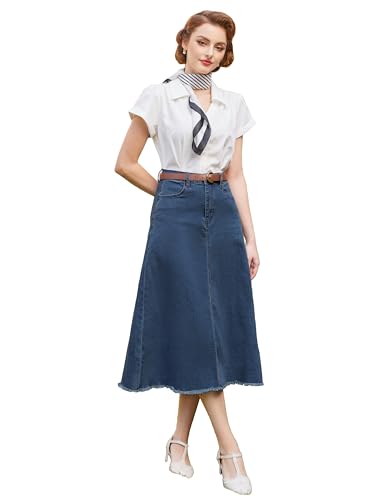 Damen Elegante Freizeitsrock Vintage A-Linie Jeansrock mit Schlitz Farbverlaufsrock mit Hohe Taille Jeansrock In A-Linie Denim Blau S von Belle Poque