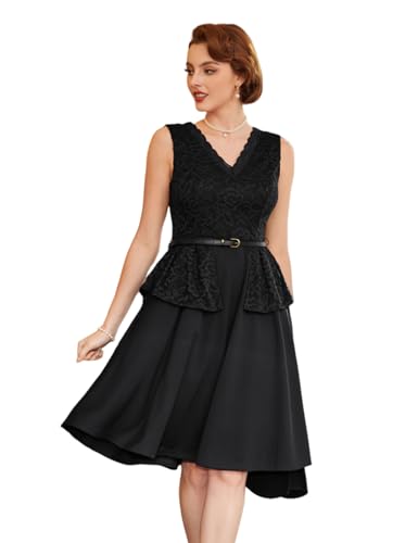 Damen Elegante Rockabilly Kleider V-Ausschnitt Kleider Retro Cocktailkleid Faltenrock Spitze Patchwork Kleider mit Gürtel Ärmellos V-Ausschnitt A-Linie Kleider Schwarz M BP0875S24-01 von Belle Poque