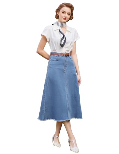 Damen Elegante Rockabilly Rock Casual Jeansrock Elegante Business Rock mit Schlitz mit Farbverlauf A-Linie Rock mit Hohe Taille Hellblau L von Belle Poque