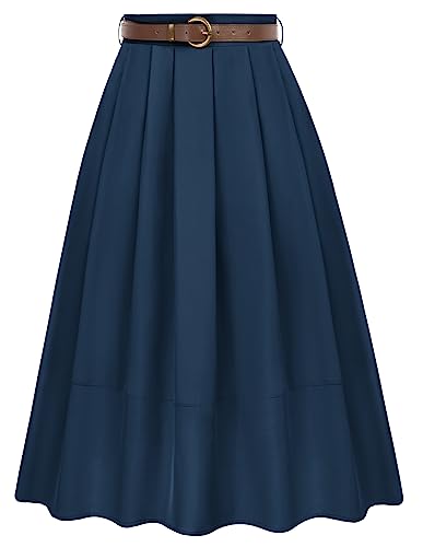 Damen Faltenrock Elegant A-Linie High Waist Midi Skirt mit Taschen Freizeit Party Marineblau L von Belle Poque