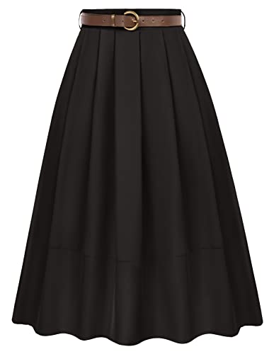 Damen Faltenrock Elegant A-Linie High Waist Midi Skirt mit Taschen Freizeit Party Schwarz L von Belle Poque