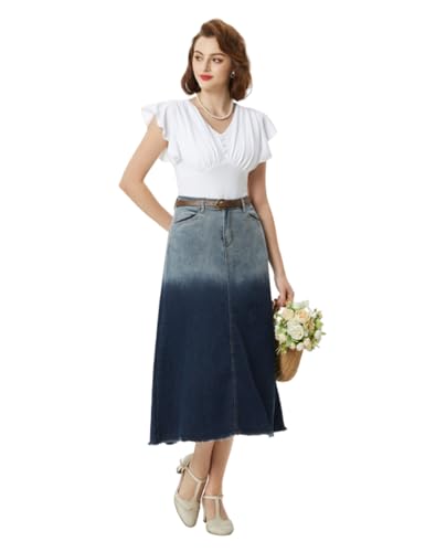 Damen High Waist A-Linie Rock mit Schlitz Elegante Hoch Taille Fischschwanzrock A-Linie Jeansrock mit Farbverlauf Marineblau-Weiß M von Belle Poque