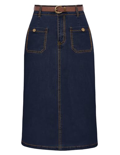 Damen Jeansrock Midi Rock Denim mit Schlitz Bleistiftrock mit Gürtel Dunkelblau S von Belle Poque