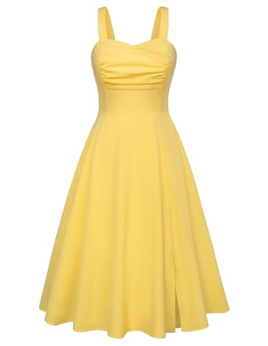 Damen Midi Sommerkleid Elegant Blumenkleid Festlich Partykleid A-Linie Cocktailkleid Hellgelb M von Belle Poque