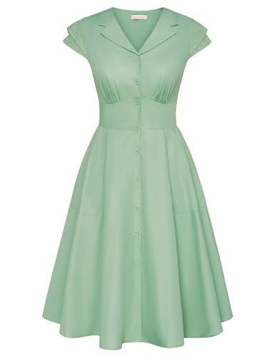 Damen Kleid Knielang A-Linie Blusenkleid Elegant V-Ausschnitt Kurzarm Partykleid Freizeitkleid Sommer Grün L von Belle Poque