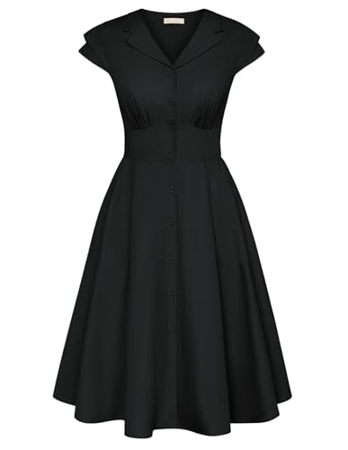 Damen Kleid Knielang Kurzarm Blusenkleid V-Ausschnitt A-Linie Partykleid Freizeitkleid Elegant Schwarz S von Belle Poque