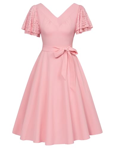 Damen Retro Sommerkleid Kurzarm A-Linie Kleid V-Ausschnitt Freizeitkleid Frühling Rosa XXL von Belle Poque