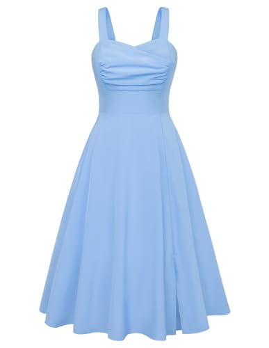 Damen Sommer Blumenkleid Midi A-Linie Partykleid Elegant Spaghetti Cocktailkleid Freizeitkleid Blau XXL von Belle Poque