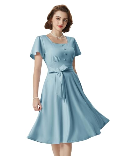 Damen 50er Jahre Kleider A Linie Rüschenärmel Festlich Partykleid Knielang Cocktailkleid Hochzeit Blau M von Belle Poque