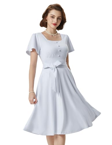 Damen Vintage Kleid 50er Jahre Kleider A-Linie Kurzarm Partykleid Rockabilly Cocktailkleid Hochzeit Weiß M von Belle Poque