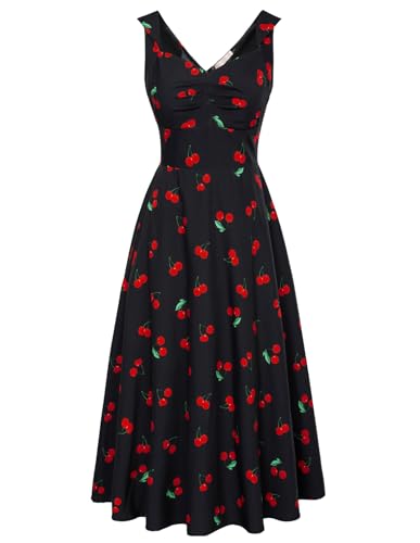 Damen Vintage Sommerkleid Midi Ärmellos Blumenkleid Rockabilly Partykleid A-Linie Strandkleid Schwarz XXL von Belle Poque