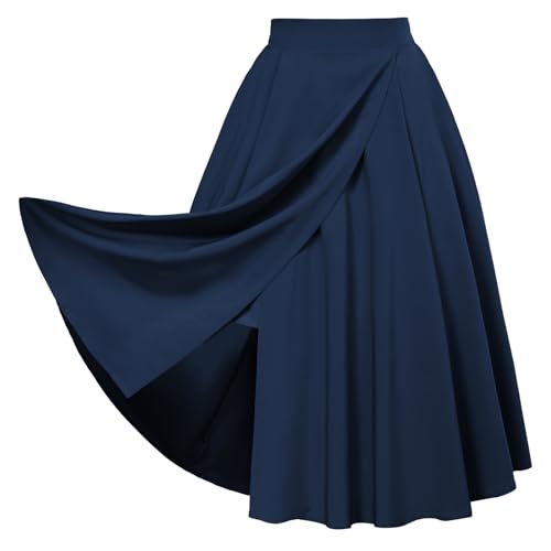 Damen Knielanger Faltenrock Lässiger A-Linien Partyrock Rockabilly Ausgestellter Swing Rock Marineblau M von Belle Poque