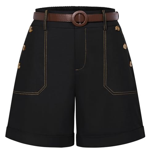 Damen Kurze Hose Hotpants Sommer Bermuda Shorts High Waist Shorts mit Tashcen Schwarz M von Belle Poque
