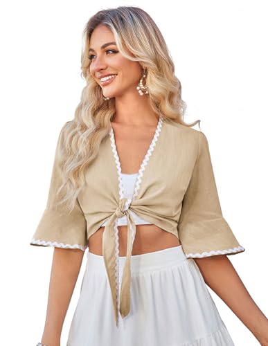 Damen Kurze Jacke Bolero Elegant Open Front Chiffon Strickjacke Aprikose L von Belle Poque