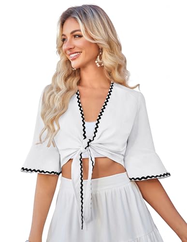 Damen Kurze Jacke Bolero Elegant Open Front Chiffon Strickjacke Weiß L von Belle Poque