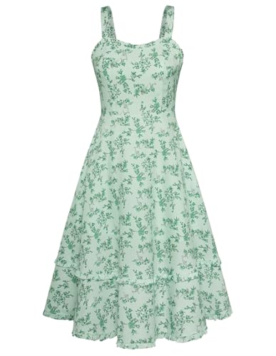 Damen Langes Blumenkleid Vintage 50s mit Rüschen Ärmellos A Line Kleid Grüne Blumen L von Belle Poque