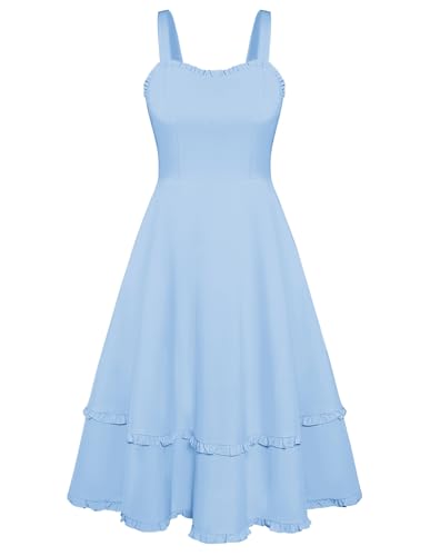 Damen Langes Blumenkleid Vintage 50s mit Rüschen Ärmellos A Line Kleid Hellblau L von Belle Poque