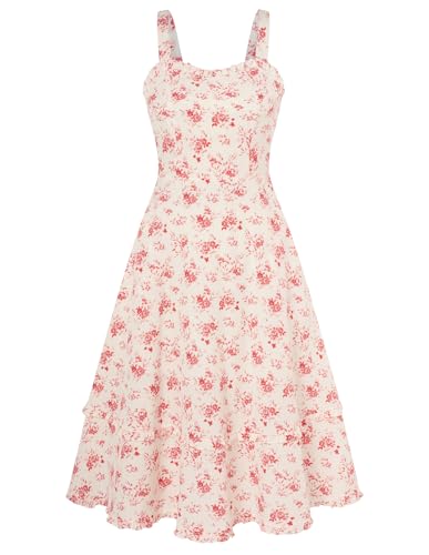 Damen Langes Blumenkleid Vintage 50s mit Rüschen Ärmellos A Line Kleid Rote Blumen L von Belle Poque