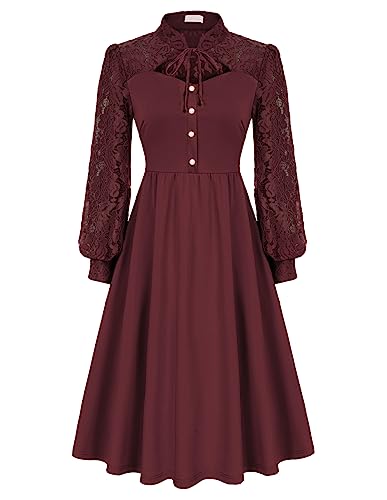 Damen Mittelalter Kleid Elegant Langarm A-Linie Kleider Festliche Cocktailkleid Partykleid Weinrot S von Belle Poque