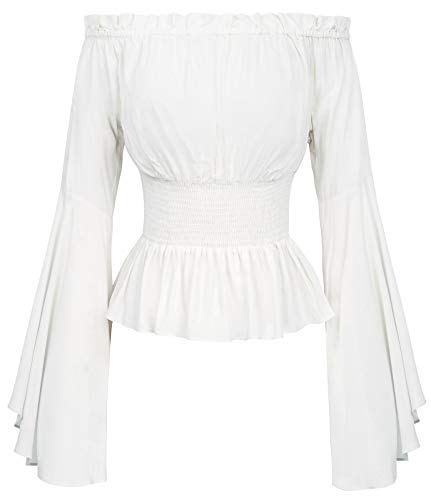 Damen Renaissance Schulterfreie Bauernbluse Rüschen Gesmokte Taille Boho Tops Shirts Weiß#2023 XL Damen Renaissance Schulterfreie Bauernbluse Rüschen Gesmokte Taille Boho Tops Shirts Weiß#2023 XL von Belle Poque