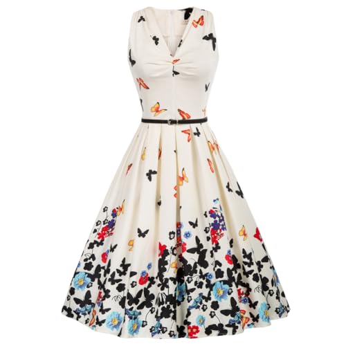 Damen Retro 50s A-Linie Kleider Retro Freizeitkleid mit V-Ausschnitt Ärmellos Sommerkleid Elegante Faltenrock Schmetterling-Weiß XL BP000903-6 von Belle Poque