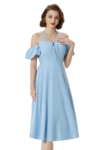 Damen Retro A-Line Swing Kleider Midi Party Kleid Festliches Kleider Vintage Cold Schoulder Kleider Kurzarm Patchwork A-Linie Kleider Hellblau M BP0898S24-03 von Belle Poque