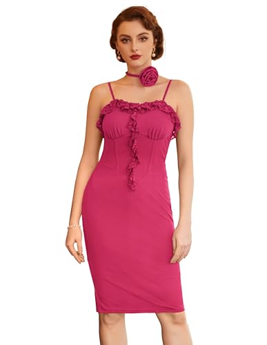 Damen Retro Cocktailkleid Partykleid 1950er Partykleid Rockabilly Kleider Abendkleid Ballkleid Vintage Kleid mit Rückenschlitz Spaghetti-Träger Retro Bodycon Kleid Dunkelrosa M BP0874S24-03 von Belle Poque