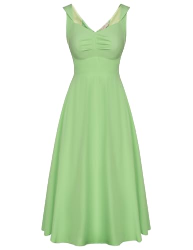 Damen Retro Sommerkleid Midi A-Linie Partykleid Ärmellos Rockabilly Freizeitkleid Blumenkleid Hellgrün M von Belle Poque