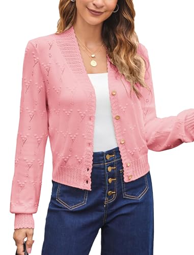 Damen Retro Strickjacke Kurz V-Ausschnitt Elegant Cardigan Knopfleiste Bolero Sommer Rosa XXL von Belle Poque