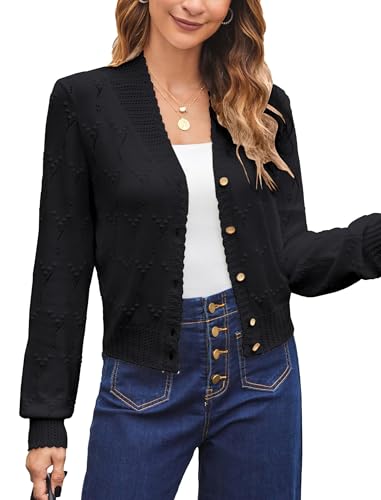 Damen Retro Strickjacke Kurz V-Ausschnitt Elegant Cardigan Knopfleiste Bolero Sommer Schwarz XXL von Belle Poque