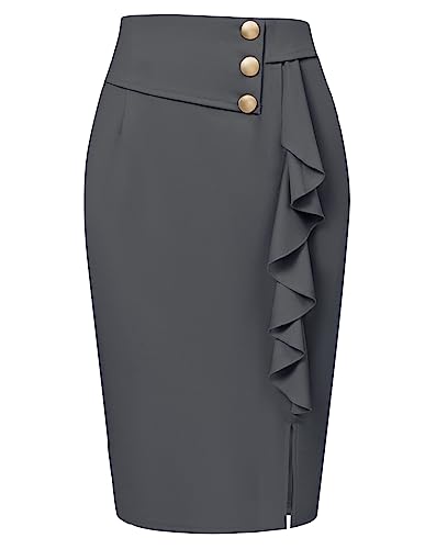 Damen Rock Elegant Bleistiftrock mit Schlitz Rock mit Rüschen Business Freizeit Pencil Skirt Grau S von Belle Poque