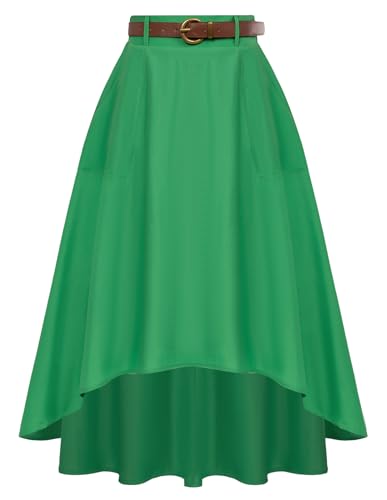 Damen Rock Elegant High Waist A Linie Rock mit Gürtel Skirt mit Taschen Rock Grün M von Belle Poque