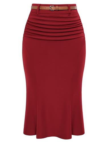 Damen Rock Festlich Midi Bleistiftrock High Waist Etuirock Elegant Skirt Business Rot M von Belle Poque