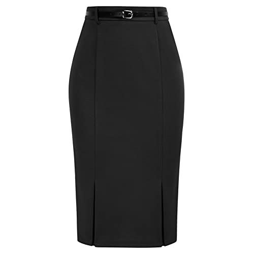 Damen Rock Figurbetont Midi mit Gürtel Bodycon Einfarbig Business, Farbe: Schwarz, Size M von Belle Poque