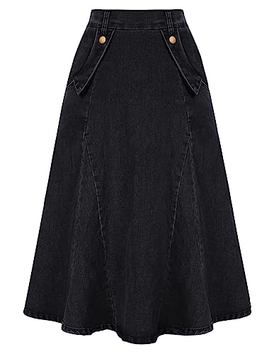 Damen Rock Jeansrock Midi A-Linie Hohe Taille Skirt mit Taschen Vintage Elegant Schwarz L von Belle Poque