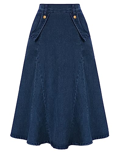 Damen Rock Midi Denim Rock Jeansrock A-Linie High Waist mit Taschen Vintage Dunkelblau XL von Belle Poque