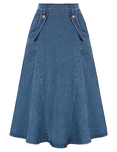 Damen Rock Midi Denim Rock Jeansrock A-Linie High Waist mit Taschen Vintage Hellblau XL von Belle Poque