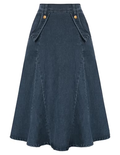 Damen Rock Midi Denim Rock Jeansrock A-Linie High Waist mit Taschen Vintage Navy blau XL von Belle Poque