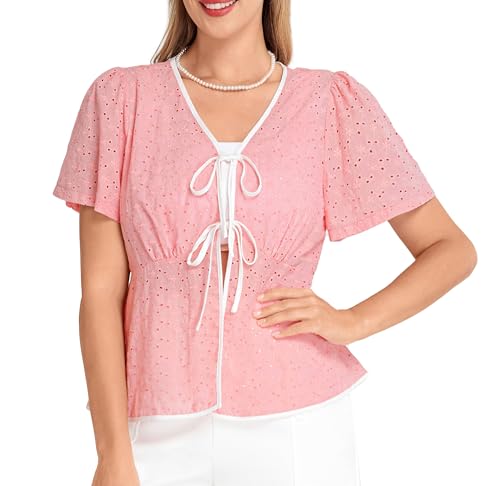 Belle Poque Damen Rüschen Cardigan FrüHling Lässig Leicht Hohl Blumen Boleros Hellrosa XXL von Belle Poque