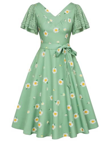 Damen Sommer Blumenkleid Vintage Knielang A-Linie Freizeitkleid V-Ausschnitt Frühling Kleid Grün S von Belle Poque