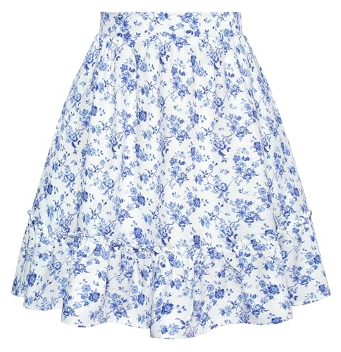 Damen Sommer Minirock Boho Flowy Swing mit Rüschen Plissee Skirt Weiß Blau Blumen S von Belle Poque