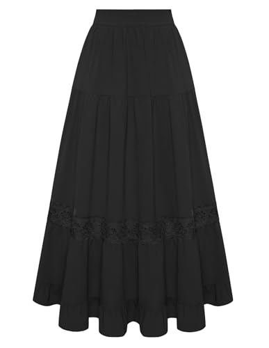 Damen Sommer Rüschenrock Boho Flowy Swing A Linie Maxi Rock Schwarz S von Belle Poque