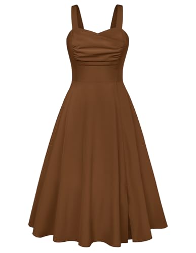 Damen Sommerkleid Spaghetti Blumenkleid A-Linie Midi Sommerkleid Freizeitkleid mit Schlitz Braun L von Belle Poque