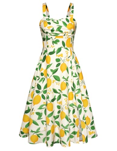 Damen Sommerkleid Spaghetti Blumenkleid A-Linie Midi Sommerkleid Freizeitkleid mit Schlitz Zitronenmuster L von Belle Poque