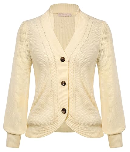 Damen Strickjacke Elegant Langarm V-Ausschnitt mit Knöpfen Cardigan Kurz Oberteil Beige S von Belle Poque