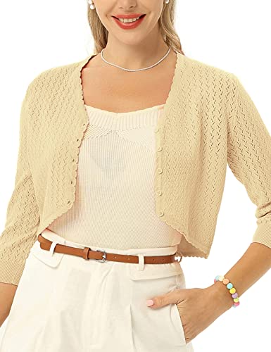 Damen Strickjacke Kurz 3/4 Arm V-Ausschnitt Knopfleiste Bolero Elegant Festlich Party Aprikose S von Belle Poque