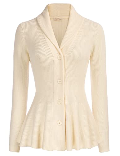 Damen Strickjacke Langarm Reverskragen Casual Elegant Strickcardigan A-Linie mit Rüschensaum Elfenbeinweiß L von Belle Poque
