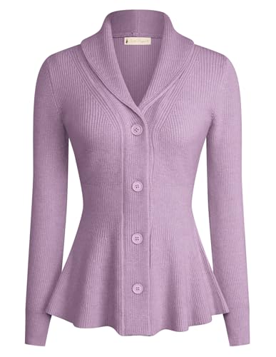 Damen Strickjacke Langarm Reverskragen Casual Elegant Strickcardigan A-Linie mit Rüschensaum Grauviolett L von Belle Poque